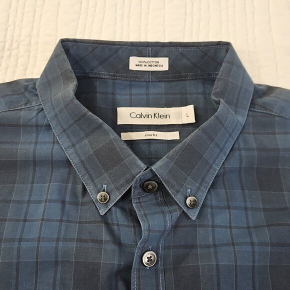 Calvin Klein Men's Large Button-Up Shirt Blue Plaid Slim Fit Long Sleeve EUC LN - Picture 4 of 14